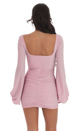 Shimmer Ruched Cowl Neck Dress in Pink